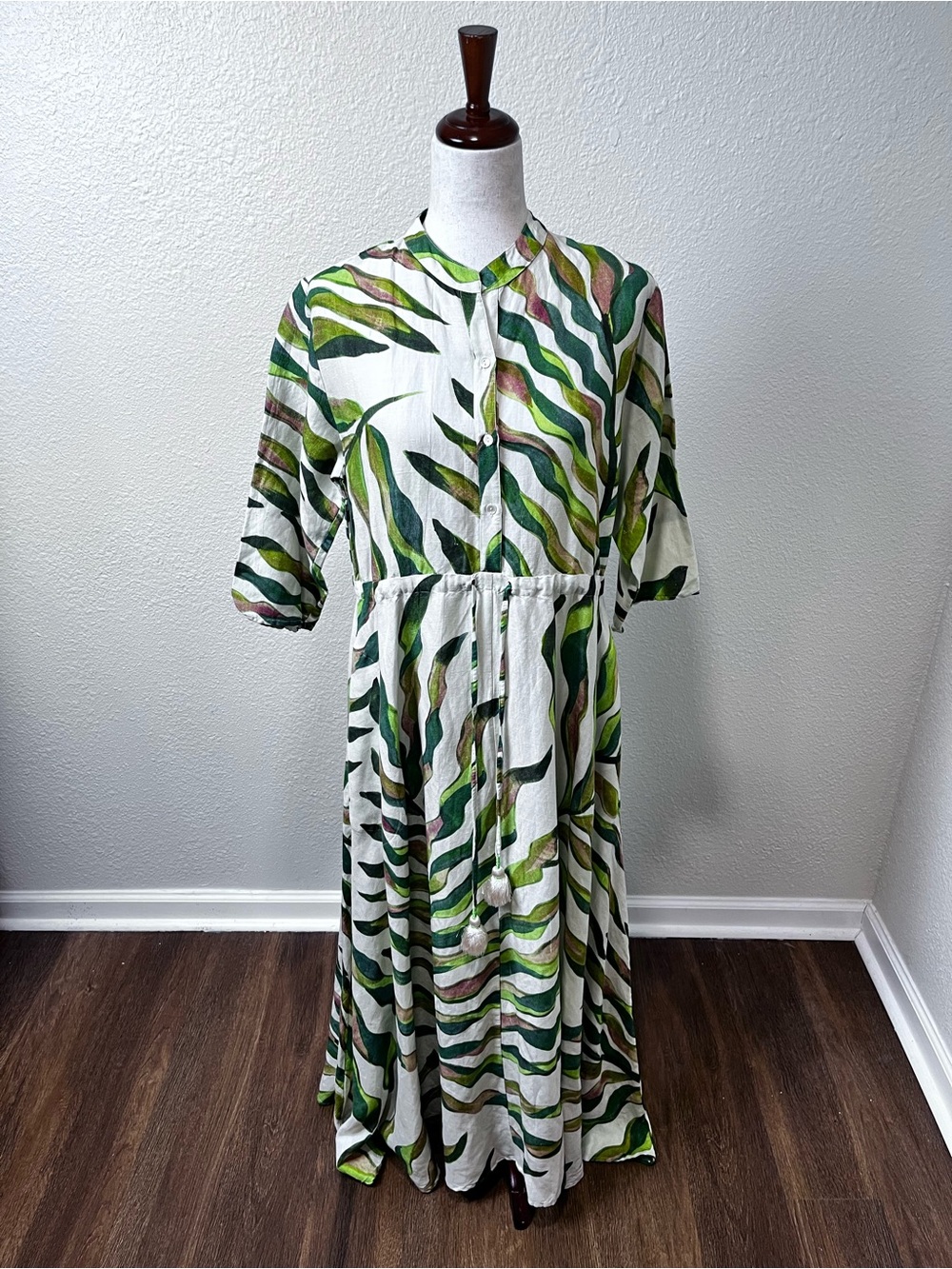 Oliphant Cabo Green Tropical Leaf Linen Dress Size Medium